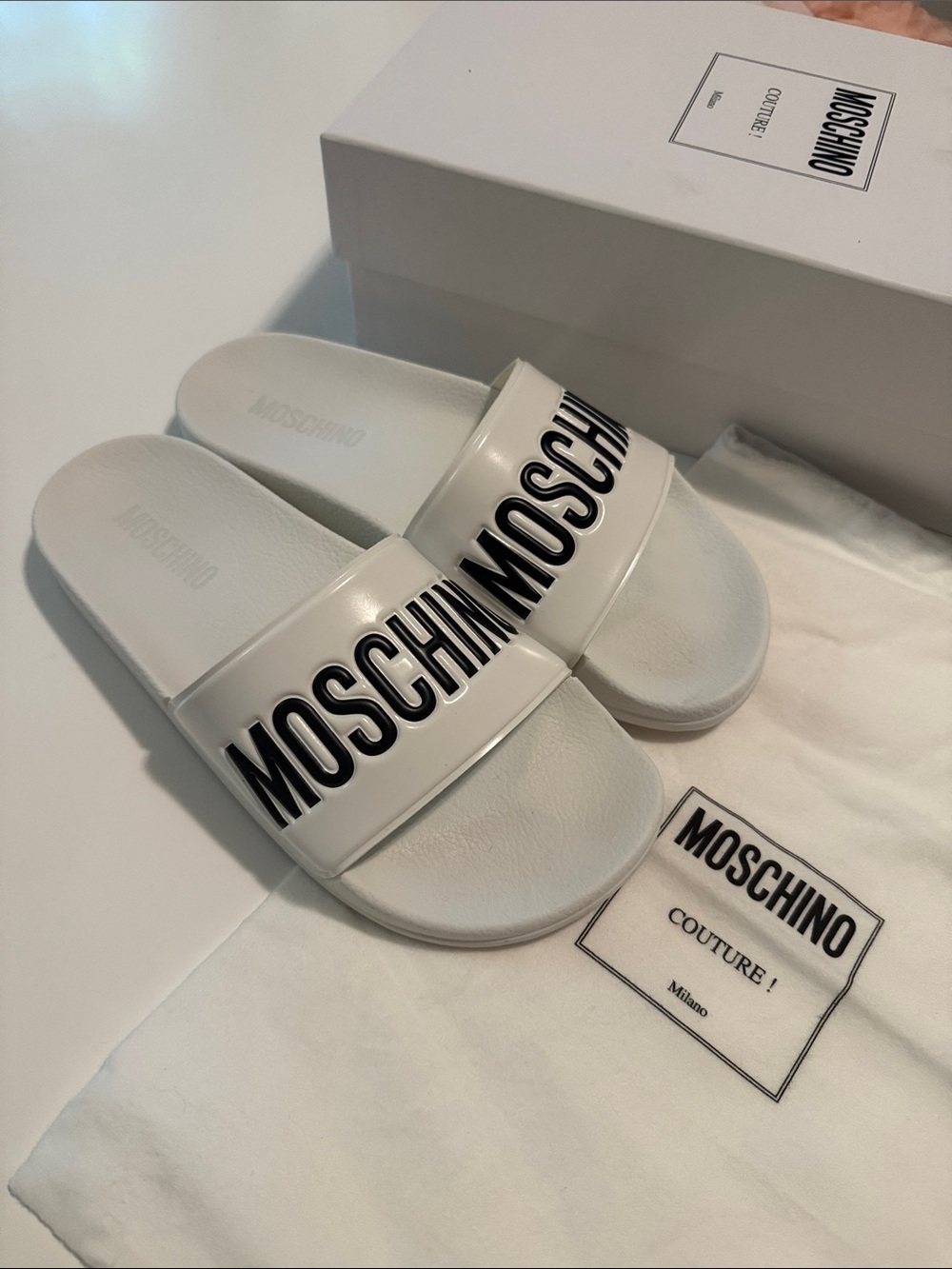Moschino White Slides with Bold Black Logo
